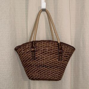 Tan Brown Floral Cotton Interior Straw Tote